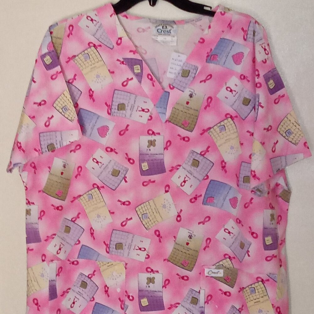 Crest Breast Cancer Ribbon Pink/Multicolor L Scrub Top